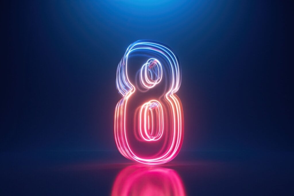 Ilustração do número oito em rosa e bege em um fundo azul