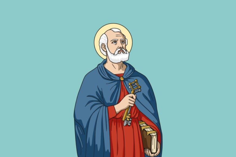 Ilustração de São Pedro com barba e cabelo branco, usando um manto vermelho e azul, em pé em um fundo verde-claro