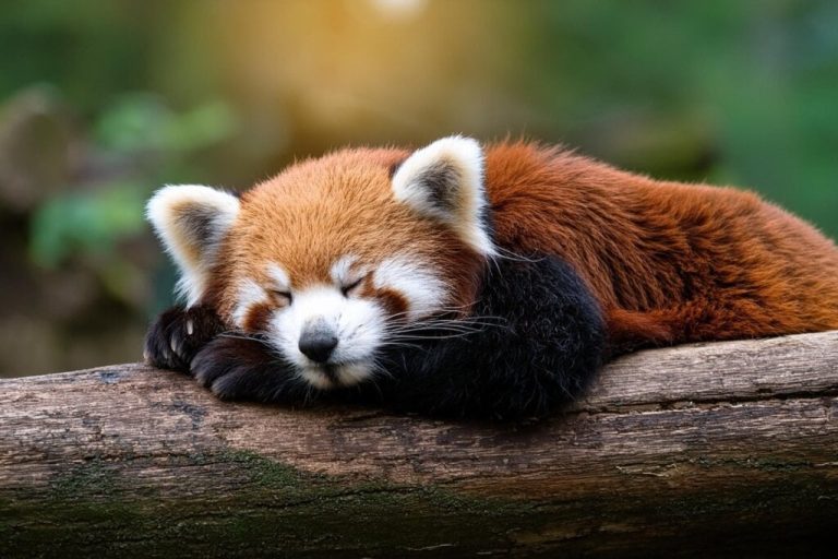 Panda-vermelho deitado em um tronco de árvore dormindo 