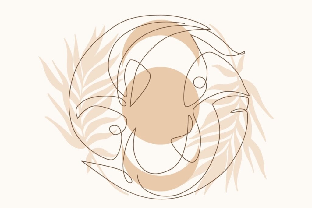 Ilustração com folhas do signo de Peixes em um fundo rosa