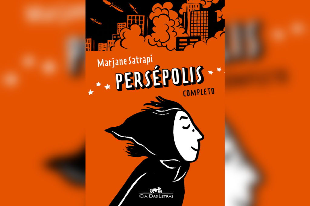 Capa do livro "Persépolis" com garota com véu caminhando diante de cenário em guerra