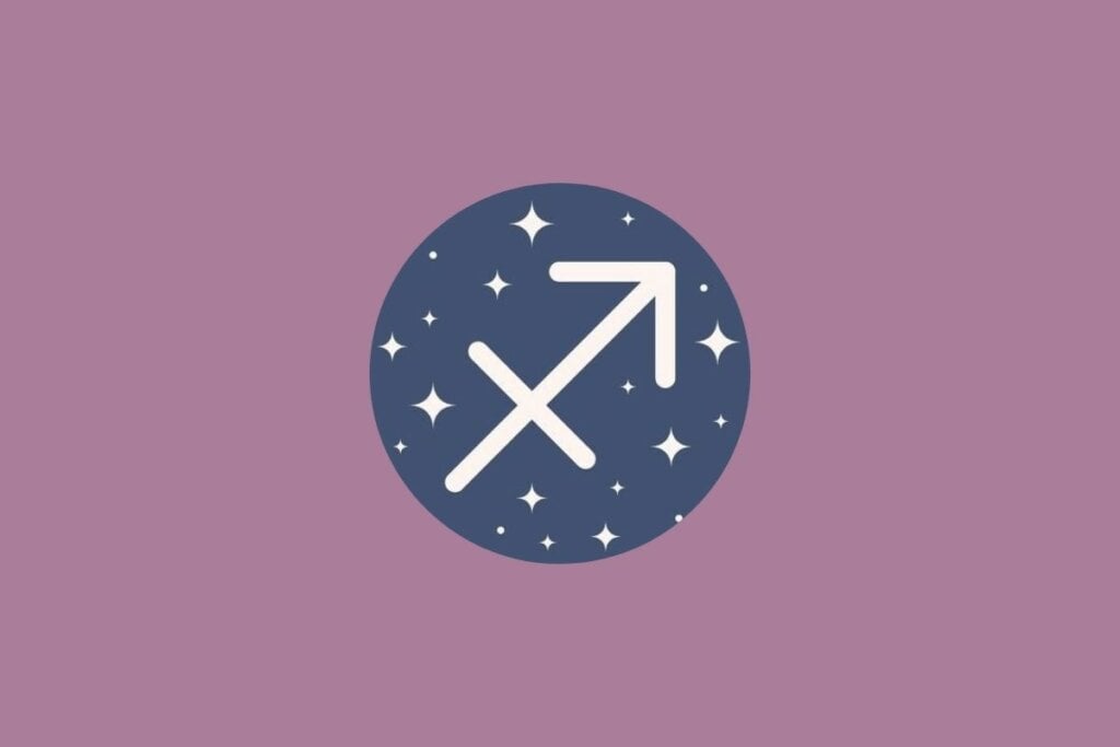 Ilustração do signo de sagitário em um círculo verde e em um fundo roxo