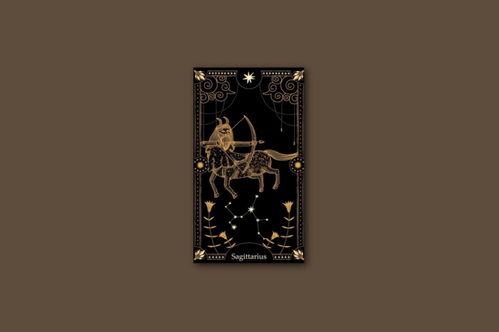 Ilustração de uma carta preta, com o desenho do signo e da constelação de sagitário, com borda dourada e estrelas