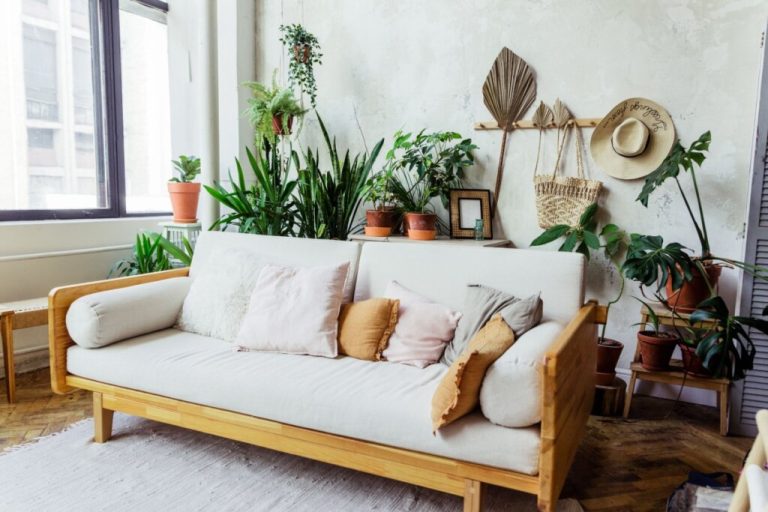 Sala com sofá em madeira com estofado branco e diversos vasos de planta atrás do sofá e um tapete claro no chão com uma janela de vidro ampla