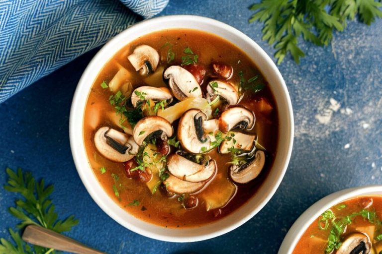 Tigela de sopa com caldo avermelhado, cogumelos fatiados frescos e ervas picadas sobre uma superfície azul
