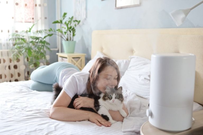 Mulher deitada em uma cama e abraçada com um gato. Umidificador de ar a frente dela em cima de uma mesa de madeira 