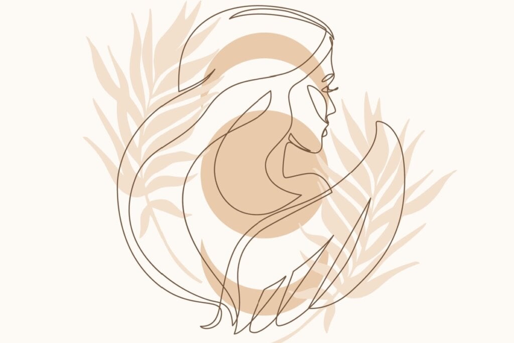 Ilustração com folhas do signo de Virgem em um fundo rosa