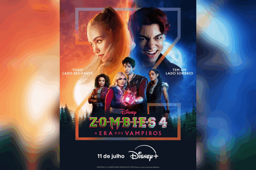 Personagens adolescentes divididos entre um lado alaranjado e outro azul, representando luz e escuridão, com destaque para uma garota loira e um garoto vampiro