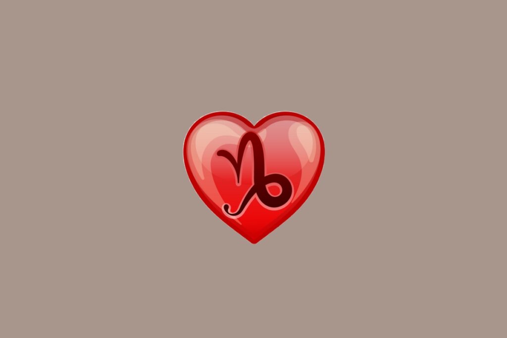 Ilustração do signo de Capricórnio, em fundo amarronzado, com um coração vermelho ao centro contendo um traço curvo com espiral à direita