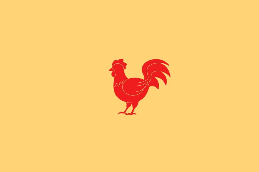 Ilustração do signo de Galo, em fundo amarelo-claro, contendo a imagem de um galo em vermelho