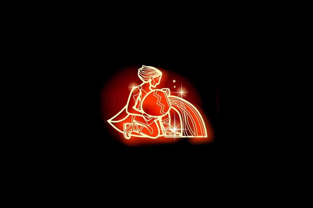 Ilustração em vermelho neon do signo de Aquário em fundo preto