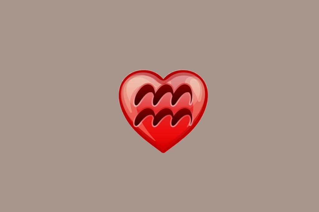Ilustração do signo de Aquário, em fundo amarronzado, com um coração vermelho ao centro contendo duas linhas onduladas paralelas