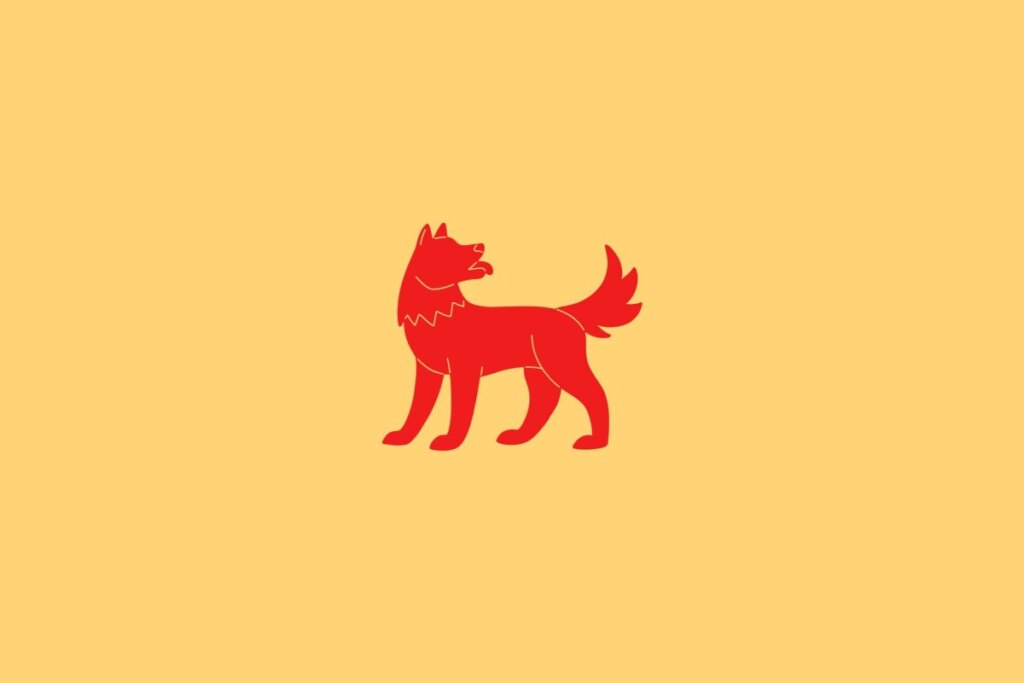 Ilustração do signo de Cachorro, em fundo amarelo-claro, contendo a figura de um cão em vermelho