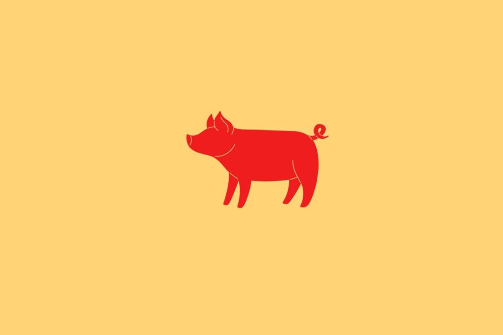 Ilustração do signo de Porco, em fundo amarelo-claro, contendo a silhueta de um porco em vermelho