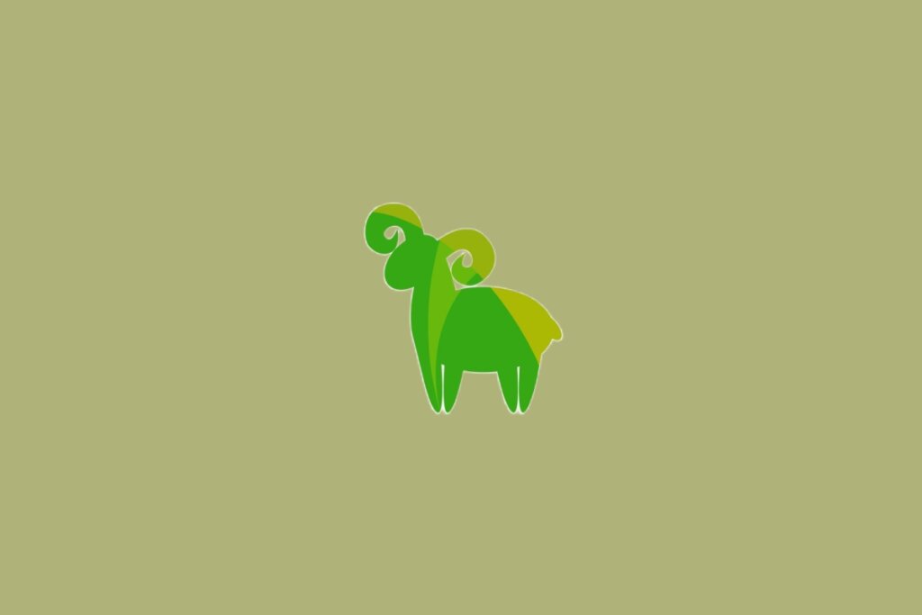 Desenho de um carneiro verde com grandes chifres encaracolados e corpo robusto, posicionado de perfil, sobre fundo verde-oliva