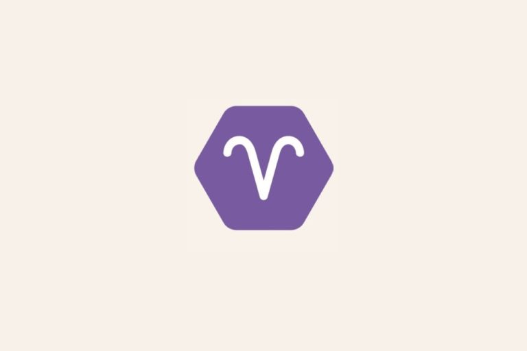 Ilustração do signo Áries, com símbolo branco em formato de chifres curvos sobre fundo roxo em hexágono
