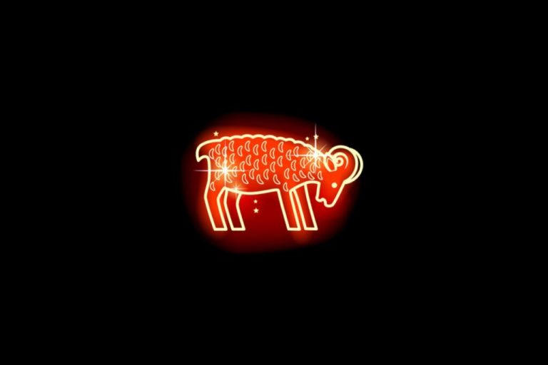 Ilustração em vermelho neon do signo de Áries em fundo preto