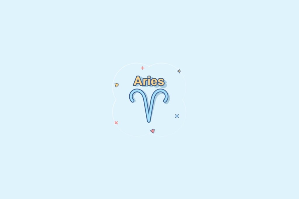 Ilustração do signo Áries, contendo duas linhas curvas simétricas que se abrem para os lados a partir de uma base central, formando a imagem de chifres voltados para fora, em fundo azul-claro