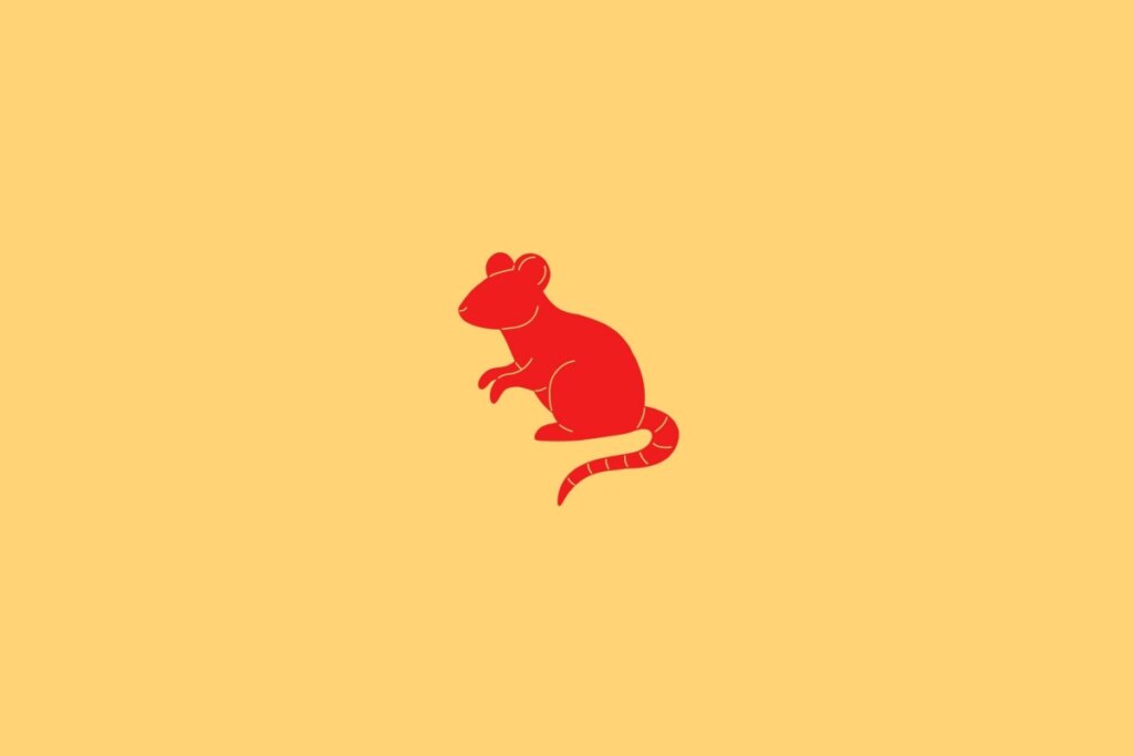 Ilustração do signo de Rato em fundo amarelo, contendo a figura de um rato vermelho com corpo curvado