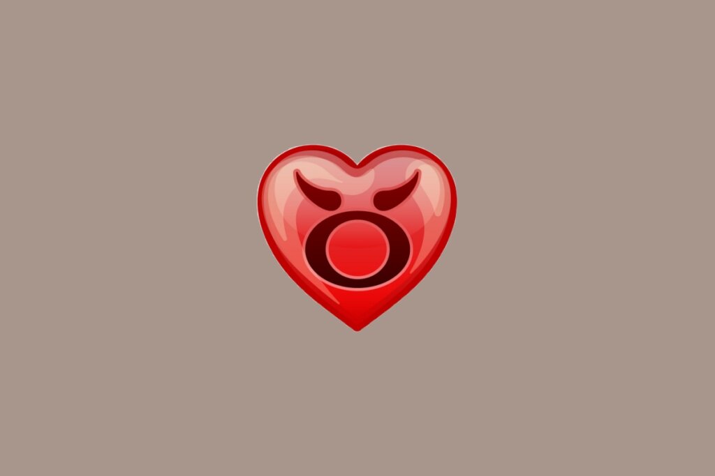Ilustração do signo de Touro, em fundo amarronzado, com um coração vermelho ao centro contendo um círculo com dois chifres curvos voltados para cima