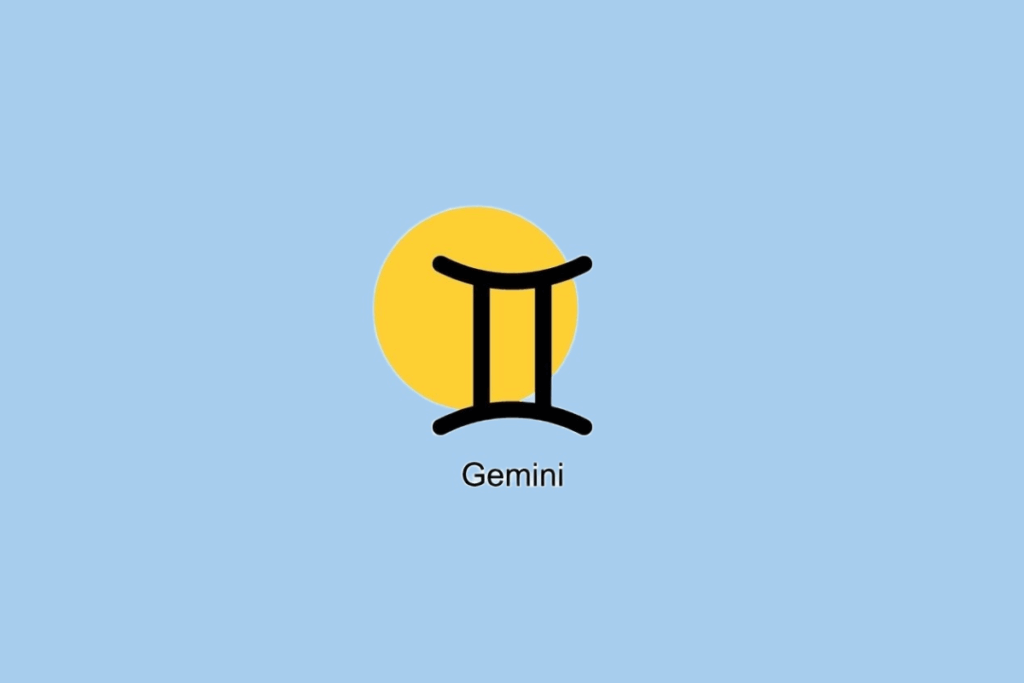 Símbolo do signo de Gêmeos ao lado de círculo amarelo em fundo azul claro