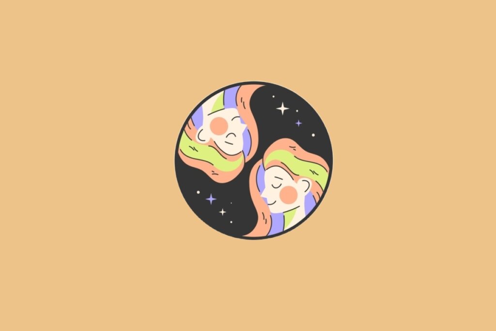 Ilustração do signo de Gêmeos, em fundo alaranjado, com dois rostos idênticos voltados um para o outro, envoltos em cabelos coloridos