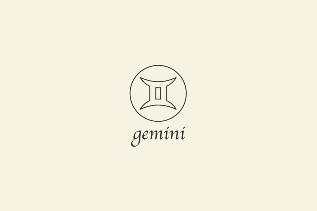 Ilustração do signo de Gêmeos, em fundo bege, contendo duas linhas curvas verticais paralelas, unidas por traços retos acima e abaixo