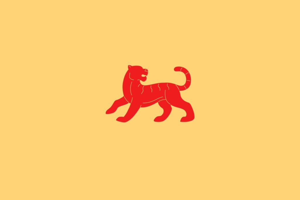 Ilustração do signo de Tigre, em fundo amarelo-claro, contendo a figura de um tigre em vermelho