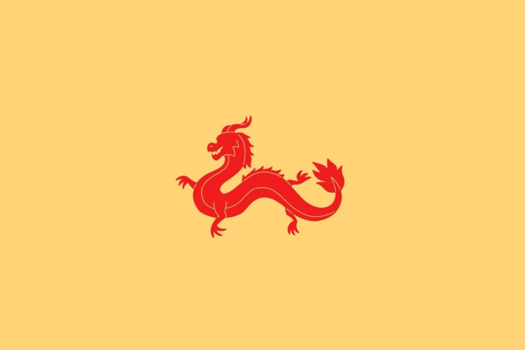 Ilustração do signo de Dragão, em fundo amarelo-claro, contendo a figura de um dragão em vermelho