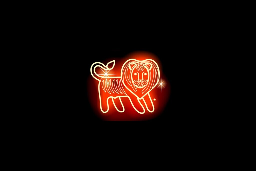 Ilustração em vermelho neon do signo de Leão em fundo preto