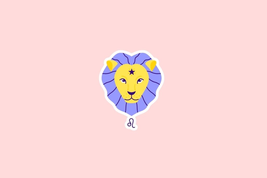 Ilustração do rosto de um leão amarelo com juba roxa e o símbolo de Leão abaixo, sobre fundo rosa-claro