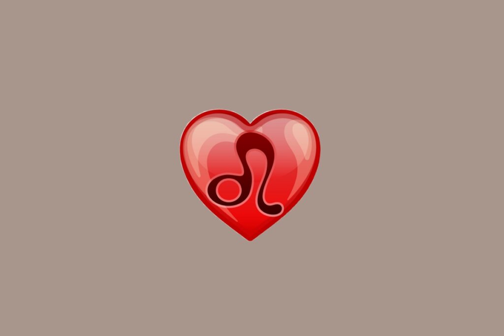 Ilustração do signo de Leão, em fundo amarronzado, com um coração vermelho ao centro contendo uma linha curva ligada a um círculo