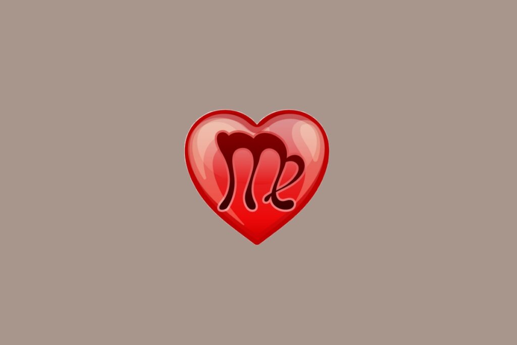 Ilustração do signo de Virgem, em fundo amarronzado, com um coração vermelho ao centro contendo um “M” com perna curvada à direita