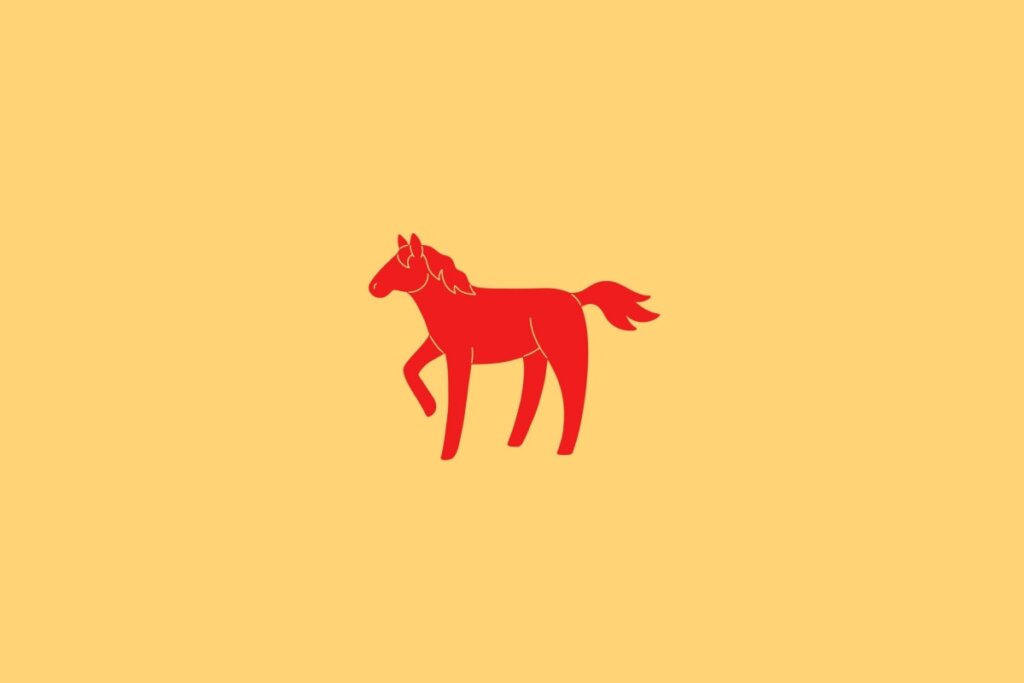 Ilustração do signo de Cavalo, em fundo amarelo-claro, contendo a imagem de um cavalo em vermelho