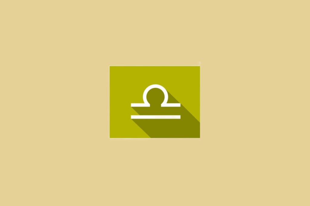 Ilustração do signo de Libra, em fundo amarelo-mostarda, com símbolo representando uma balança com uma linha curva sobre uma linha reta