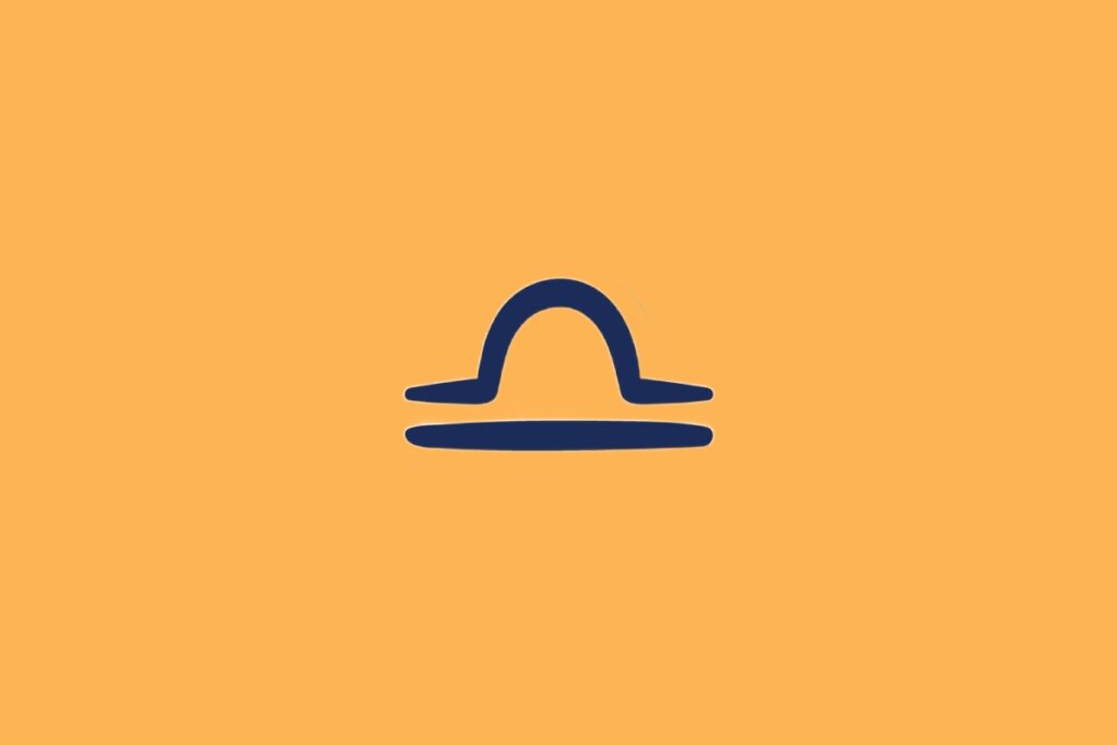 Ilustração do signo de Libra, em fundo alaranjado, com arco sobre linha reta, simbolizando uma balança