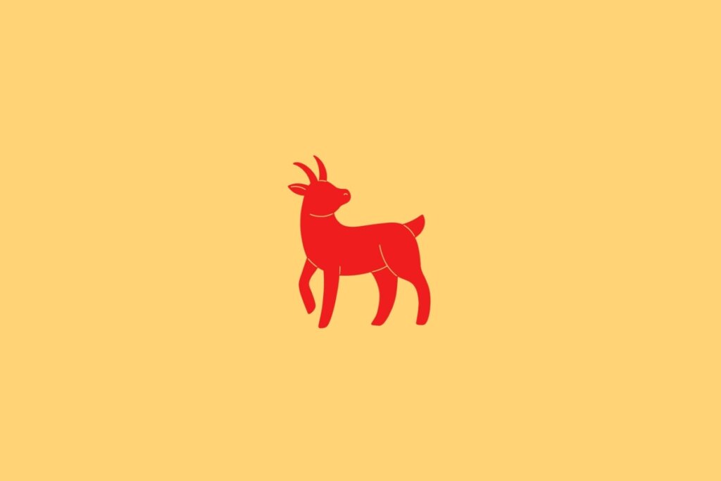 Ilustração do signo de Cabra, em fundo amarelo-claro, contendo a figura de uma cabra em vermelho
