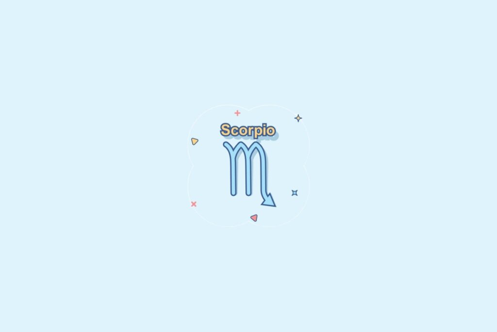 Ilustração do signo Escorpião, contendo um símbolo similar à letra “M” com a perna final se estendendo para uma seta apontando para baixo à direita, em fundo azul-claro