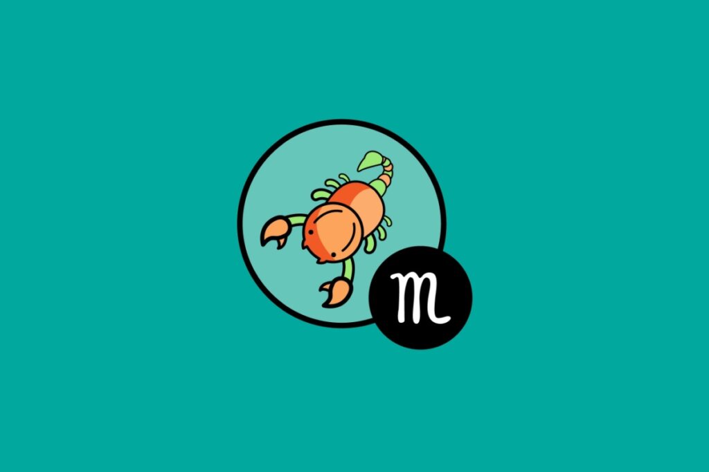 Ilustração do signo de Escorpião, em fundo verde-azulado, contendo um escorpião laranja com pinças e cauda detalhadas em um círculo azul-esverdeado e o símbolo astrológico em um círculo preto