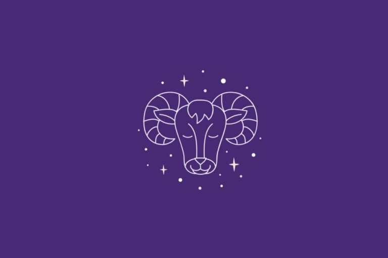 Ilustração do signo de Áries em um fundo roxo rodeado por estrelas