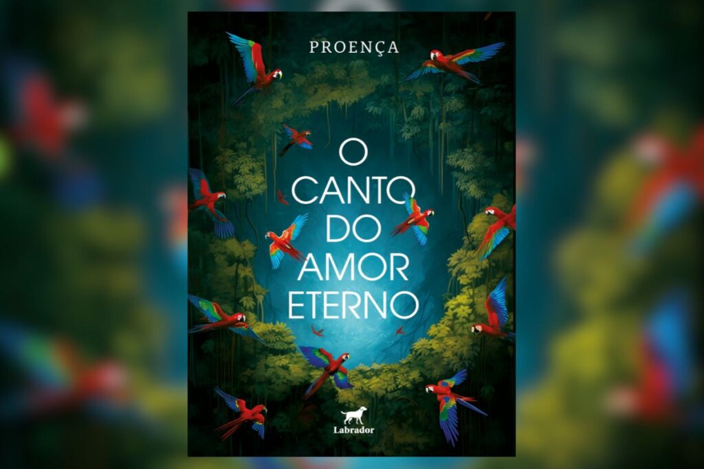Capa do livro O canto do amor eterno com a ilustração de araras voando em uma floresta 