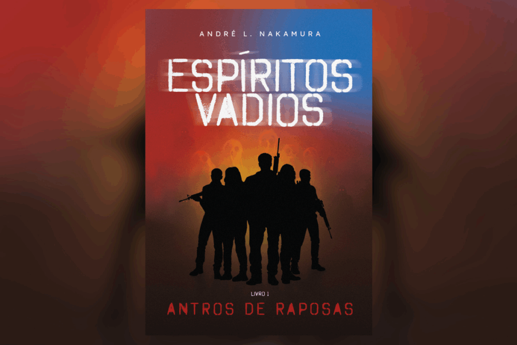 Capa do livro “Espíritos Vadios” com silhuetas armadas diante de um fundo vermelho e azul