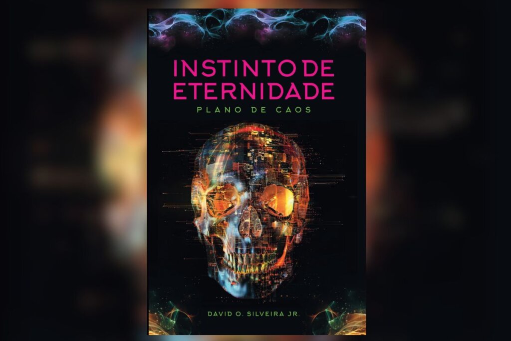 Capa do livro Instinto de Eternidade com a imagem de uma caveira pegando fogo em um fundo preto 