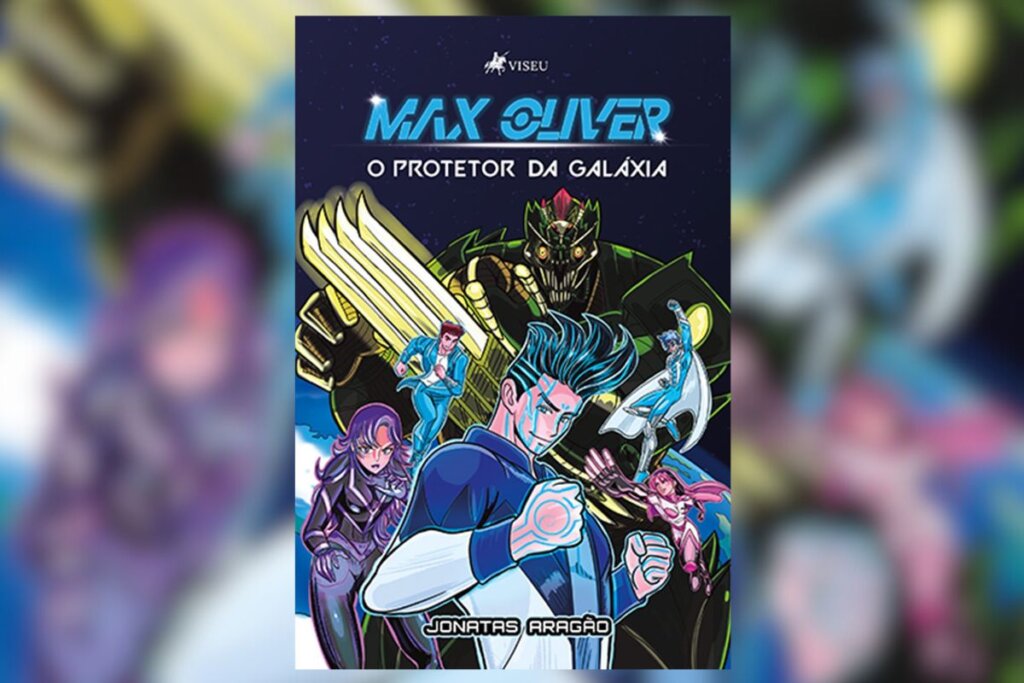 Capa do livro Max Oliver: o protetor da galáxia – parte 1 com a ilustração de personagens fictícios, como robôs e heróis, em um fundo azul-escuro 