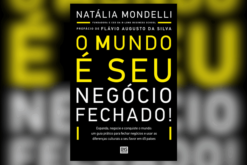 Livro "O mundo é seu, negócio fechado!" com título em letras grandes amarelas sobre fundo preto