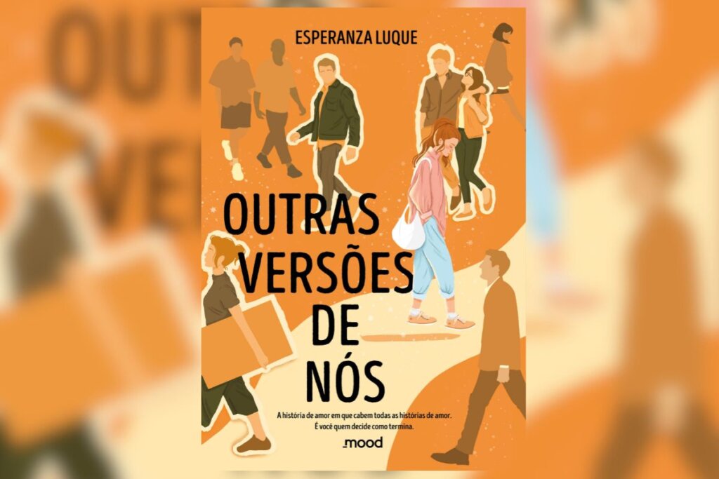 Capa do livro "Outras versões de nós" com a ilustração de pessoas andando em um fundo laranja 