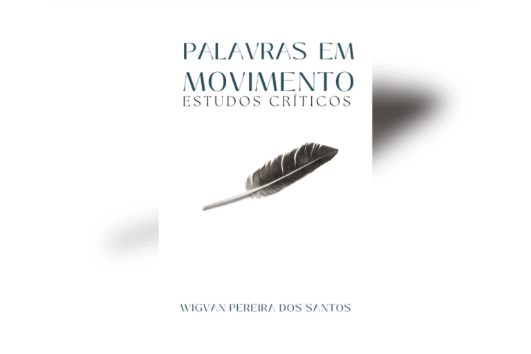 Capa de “Palavras em Movimento” com fundo branco, pena e tipografia elegante
