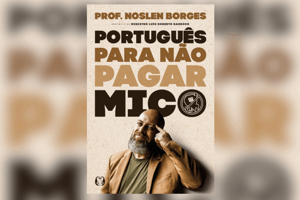Capa do livro “Português para não pagar mico” com fundo bege e ilustração do autor pensativo