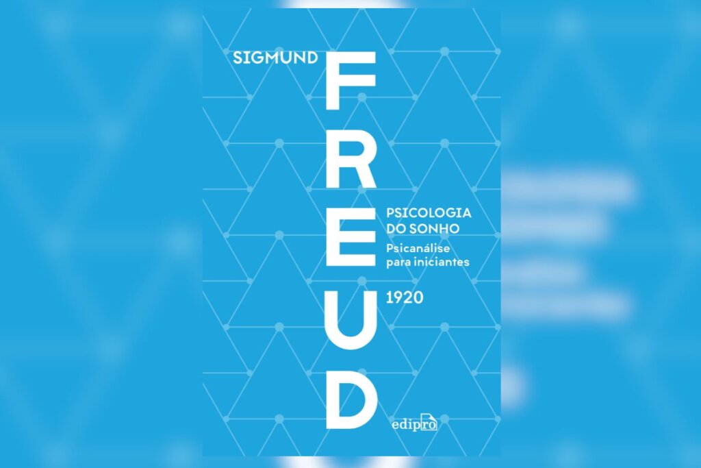 Capa do livro A psicologia do sonho com fundo azul e desenhos de triângulos brancos 