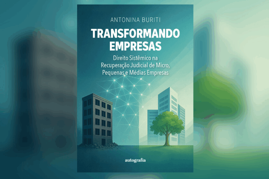 Livro “Transformando Empresas” com prédios, árvore ao centro e rede de conexões no céu